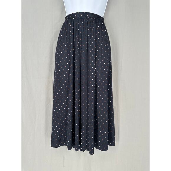 80s Vintage Halston Skirt Womens Medium Navy Blue Midi Polka Dot Brown Pockets - Picture 1 of 9